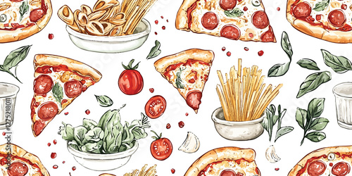seamless vector pattern illustration of Italian Flavors A vibrant pattern showcasing the deliciousness of pasta, pizza, and fresh ingredients