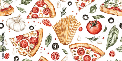 seamless vector pattern illustration of Italian Flavors A vibrant pattern showcasing the deliciousness of pasta, pizza, and fresh ingredients