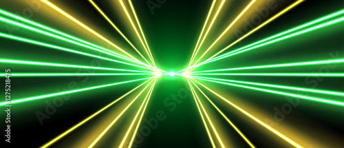 Laser rays or beams, glowing neon lines, bright futuristic background. Motion or speed light effect. Concert or nightclub spotlights. Vector illustration.