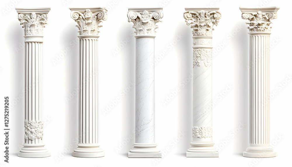 Obraz premium Five ornate columns, classical architecture, white background, design resource