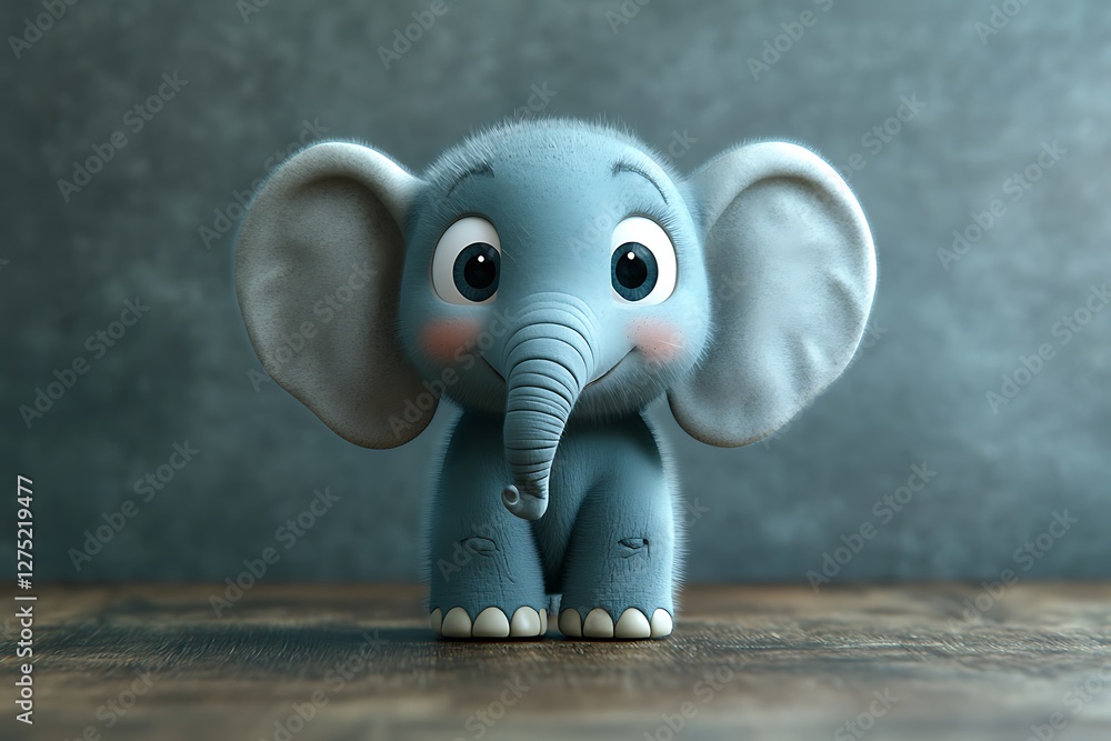 Cute baby elephant, wooden table, grey background, children's book Cute baby elephant, wooden table, grey background, children's book