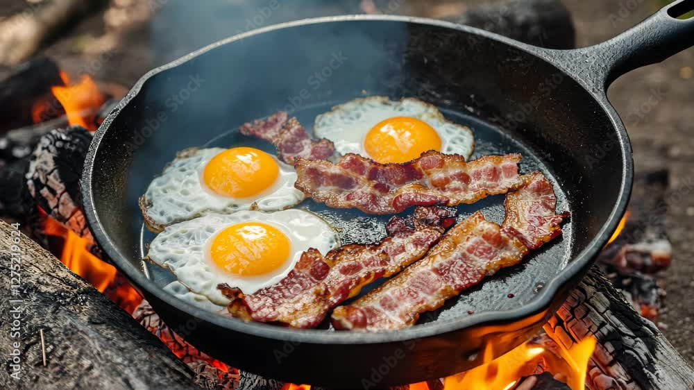 Perfectly sizzling bacon and eggs in a cast iron skillet over an open fire, A cast iron skillet with bacon and eggs cooking over a campfire Perfectly sizzling bacon and eggs in a cast iron skillet over an open fire, A cast iron skillet with bacon and eggs cooking over a campfire