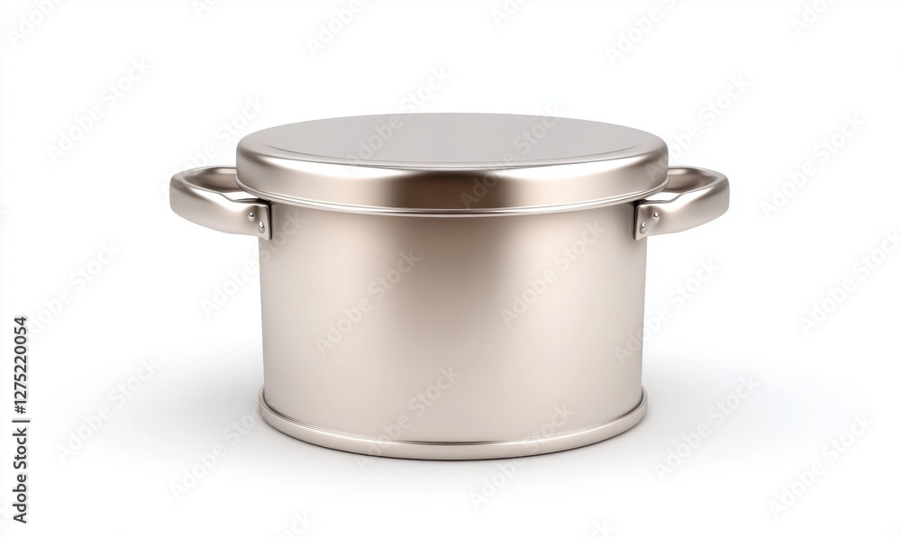 A shiny, metallic cooking pot with handles, centered against a white background, ideal for culinary use A shiny, metallic cooking pot with handles, centered against a white background, ideal for culinary use