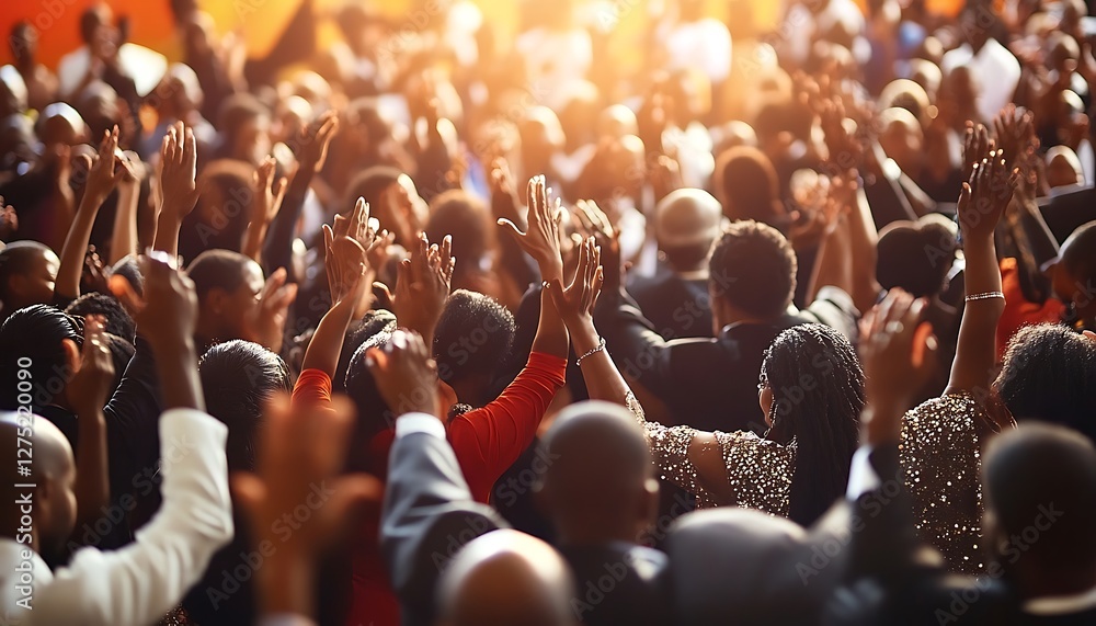 Fototapeta premium Large crowd worshipping, raising hands, vibrant church service