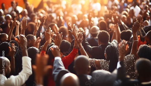 Large crowd worshipping, raising hands, vibrant church service
