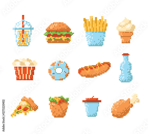 Set of 8 pixel fast food icons. Pixel food symbols collection. Edible reward in digital game in the form of fast food. Fast food signs in retro 8 bit style from the 90s