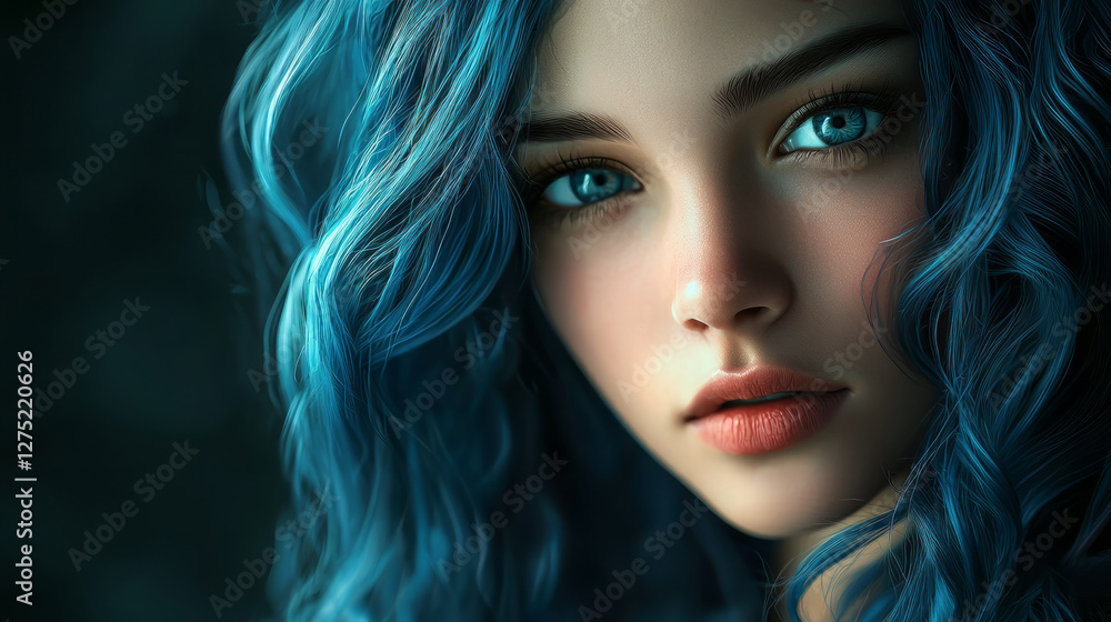 Naklejka premium Beautiful girl with blue hair, generative AI