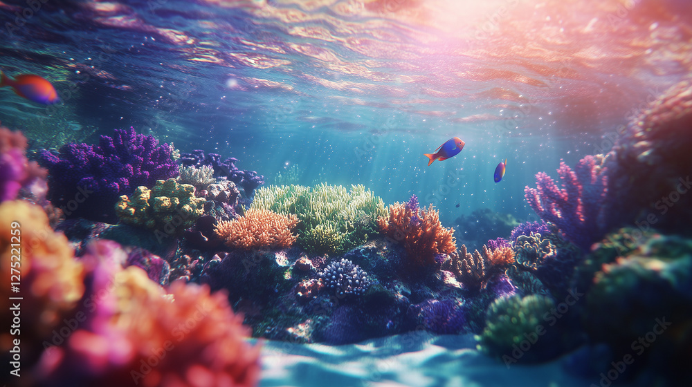 Naklejka premium Vibrant Coral Reef Underwater With Colorful Fish