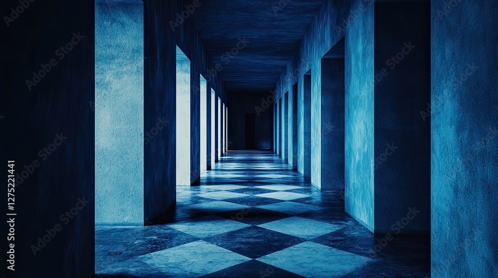 Fototapeta premium Abstract Architecture with Blue Lighting in Symmetrical Corridor