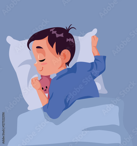 Child Sleeping Calm and Peaceful with His Toy Vector Illustration. serene and tranquil kid slumbering peacefully with their beloved toy 
