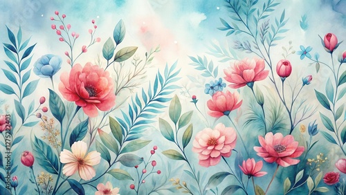 Serene Watercolor Botanical Illustration Featuring Delicate Blooms and Lush Foliage Against a Soft Aqua Background