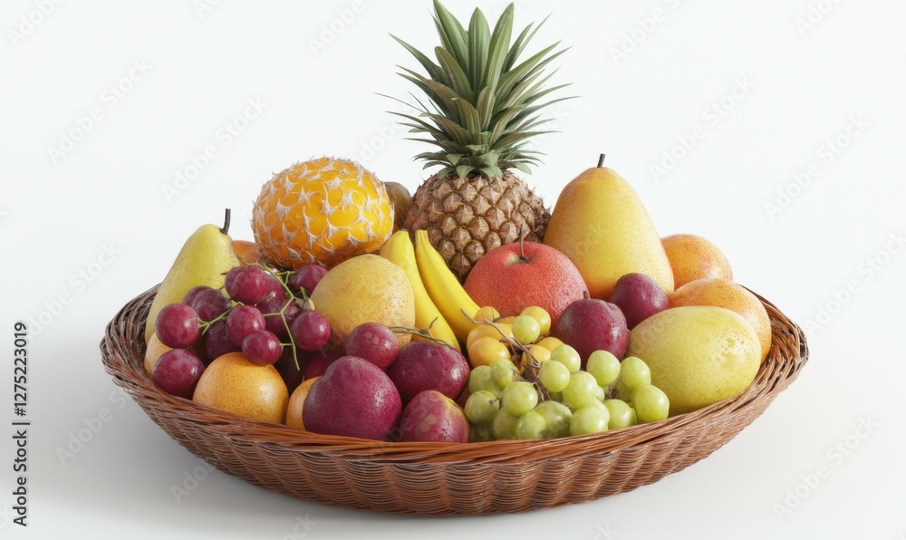 A vibrant assortment of fresh fruits including apples, grapes, bananas, and pineapples in a wicker basket A vibrant assortment of fresh fruits including apples, grapes, bananas, and pineapples in a wicker basket