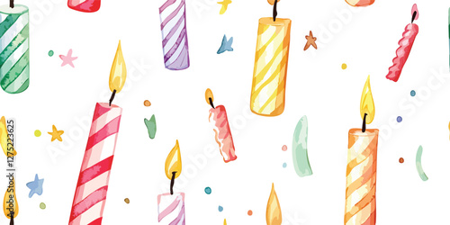 A seamless pattern of birthday candles in different sizes and colors, flickering against a white background for greetings, invitations, manufacture wrapping paper, textile and web design