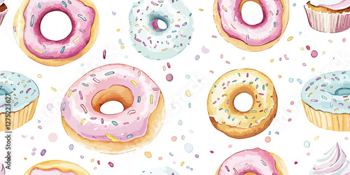 Watercolor pattern of multi colored donuts with sprinkles on a white background for greetings, invitations, manufacture wrapping paper, textile and web design