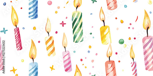 A seamless pattern of birthday candles in different sizes and colors, flickering against a white background for greetings, invitations, manufacture wrapping paper, textile and web design