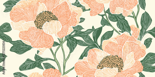Abstract orange flower seamless pattern with dotted style. flower and leaves background.