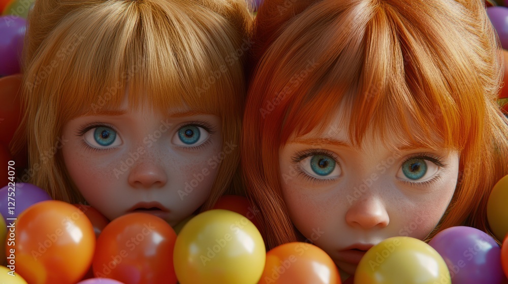 Adorable Twin Girls in a Ball Pit: A Digital Art Masterpiece Adorable Twin Girls in a Ball Pit: A Digital Art Masterpiece