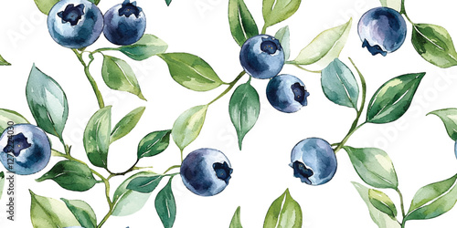 Seamless pattern of watercolor blueberries with leaves on a white background for greetings, invitations, manufacture wrapping paper, textile and web design.