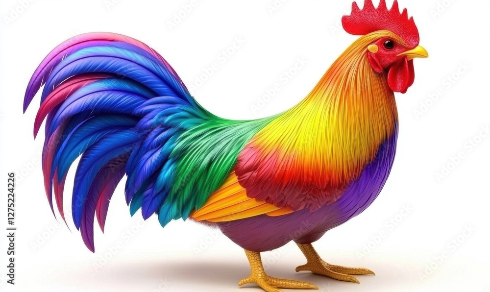 Fototapeta premium A vibrant, colorful rooster stands proudly against a plain background, showcasing its feathers