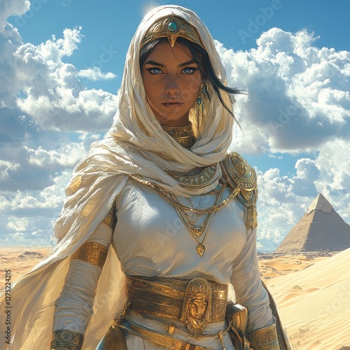 Egyptian Princess in Desert, Pyramids Background, Powerful Figure photo