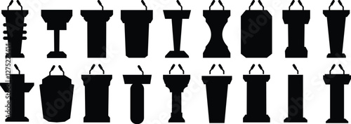 Podium of rostrum vector icon set. Black vector icons, isolated on transparent background, solid pictogram Tribune elements symbol for business meeting with microphone in glyph graphic designs styles.