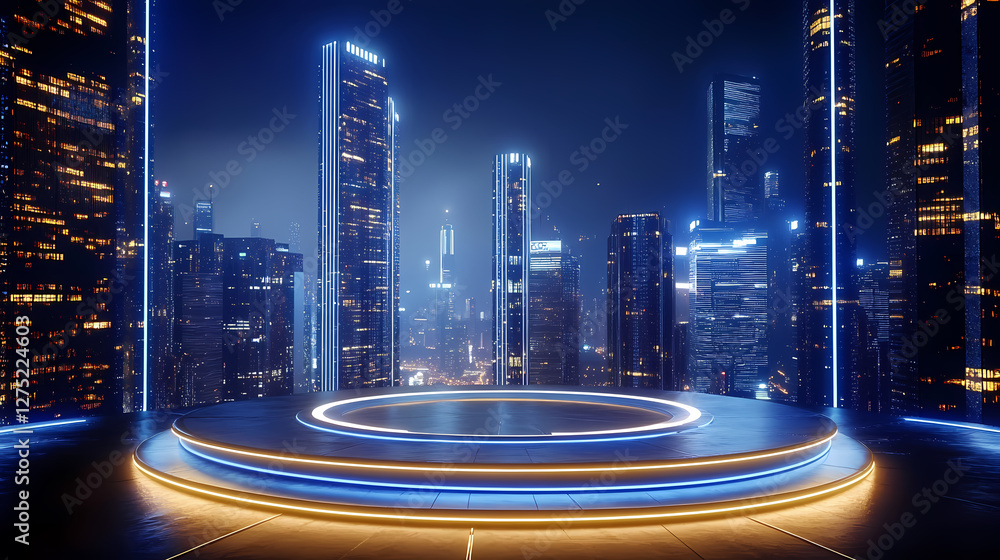 Fototapeta premium Sci-Fi City Nightscape with Futuristic Platform