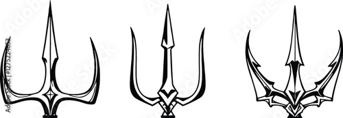 Silhouettes of trident. Design element for label, sign, emblem, poster. Neptune trident symbols in editable vector format. EPS 10.