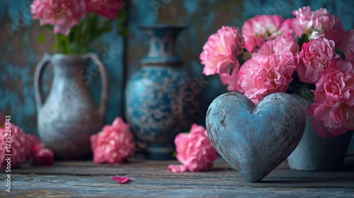 Pink Flowers in Blue Vase