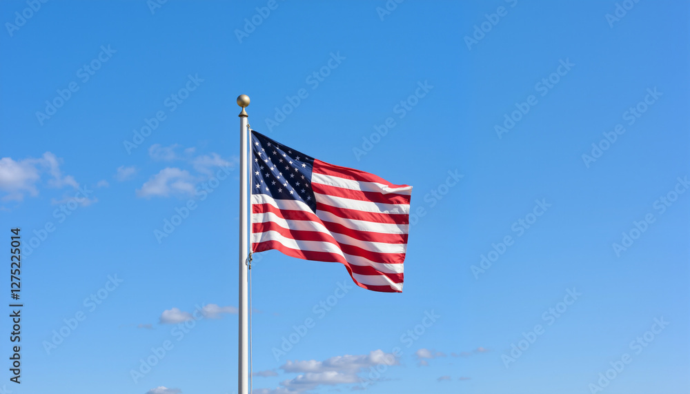 Naklejka premium Solitary American flag waving against clear blue sky, patriotic symbolism