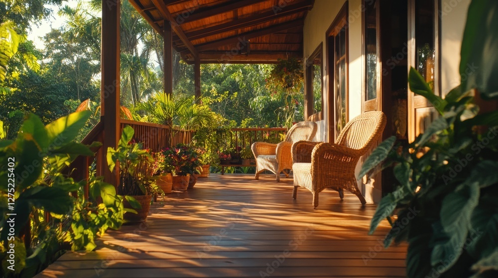 Obraz premium Porch with Wicker Chairs and Potted Plants
