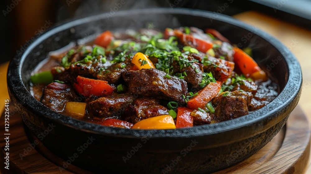 A sizzling dish of beef and vegetables served in a stone bowl, garnished with green onions. A sizzling dish of beef and vegetables served in a stone bowl, garnished with green onions.