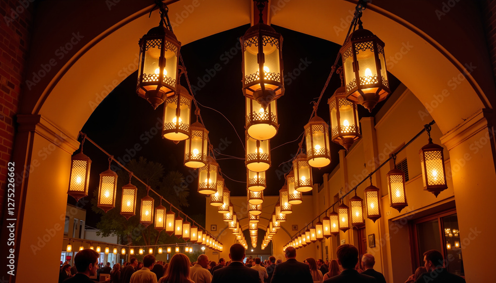 Obraz premium Glowing hanging lanterns illuminating evening gathering, Eid al-Fitr