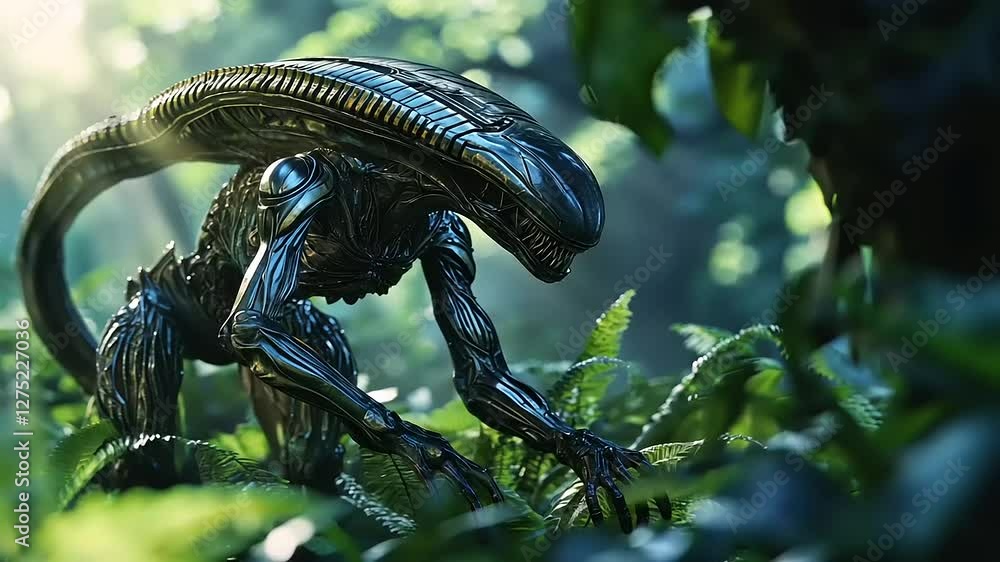 A futuristic alien creature lurking in a lush, green environment with dramatic lighting. A futuristic alien creature lurking in a lush, green environment with dramatic lighting.