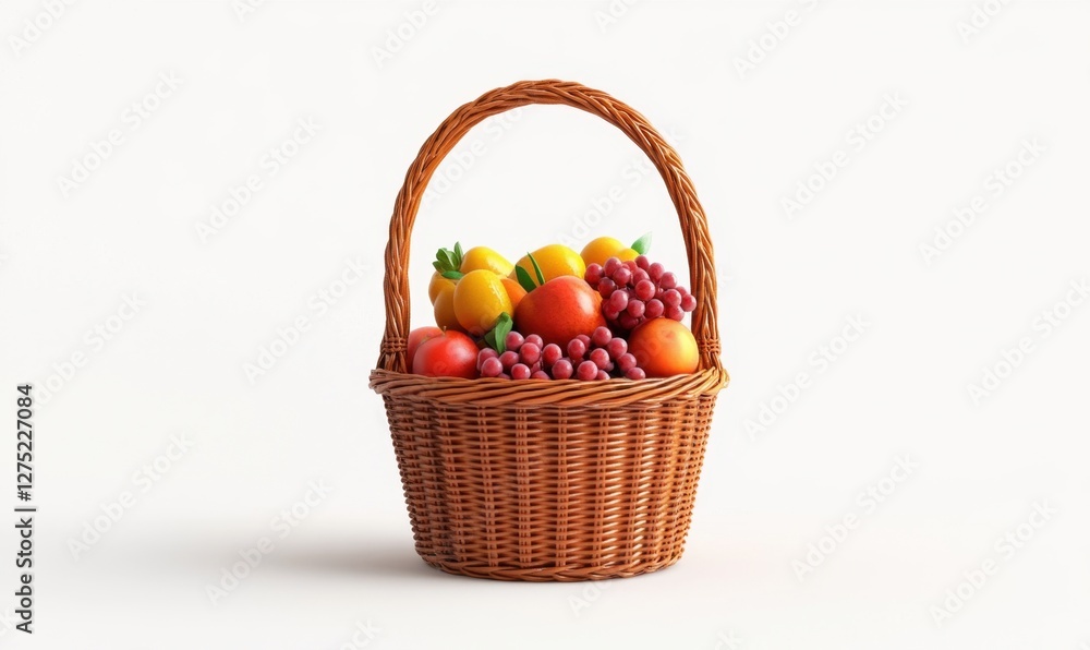 A vibrant wicker basket filled with assorted fruits, set against a plain white background A vibrant wicker basket filled with assorted fruits, set against a plain white background