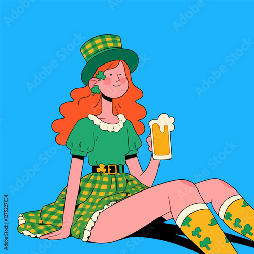 St. patrick's day. Girl with a beer. Vector illustration.