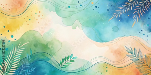 Serene Abstract Watercolor Design with Organic Plant Motifs and Flowing Lines, Ideal for Backgrounds or Decorative Purposes