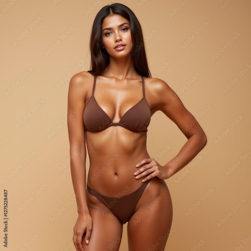 Naklejka premium brunette woman model fit fitness slim tan bikini swimwear studio swimsuit beige tanning skin beauty skincare waist toned lingerie bra underwear muscles body lady hair strong glow glisten shiny