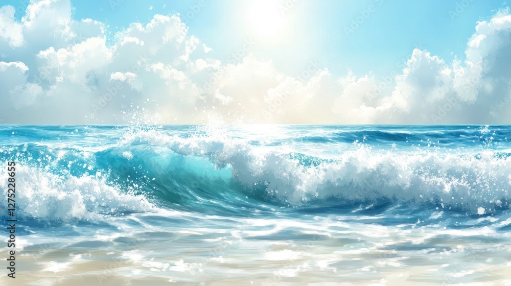 A serene ocean scene with waves, sunlight, and clouds, evoking tranquility and nature's beauty. A serene ocean scene with waves, sunlight, and clouds, evoking tranquility and nature's beauty.
