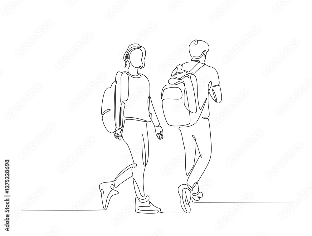 Continuous line art drawing of young man and woman from college or university with backpack. Students walking with schoolbag line art drawing vector illustration. Editable stroke. Continuous line art drawing of young man and woman from college or university with backpack. Students walking with schoolbag line art drawing vector illustration. Editable stroke.