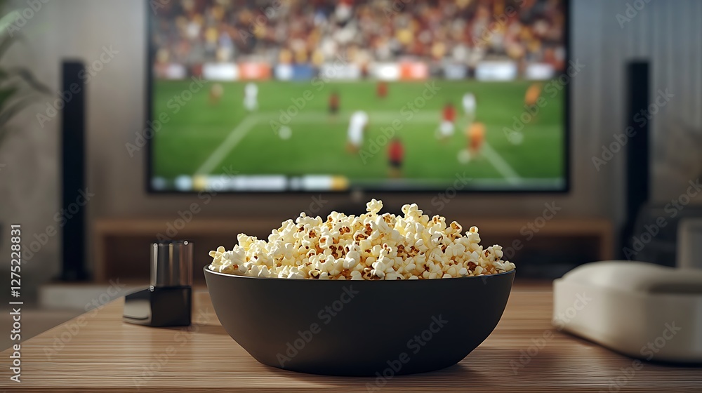 Popcorn in bowl on coffee table, blurry soccer game on TV. Popcorn in bowl on coffee table, blurry soccer game on TV.