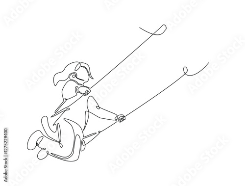 Continuous line art drawing of happy kid playing swing in the park. Children swinging on swing line art drawing vector illustration. Editable stroke.