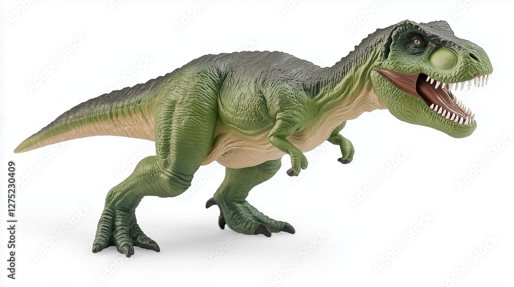 Obraz premium Menacing T-Rex Dinosaur Figurine in Extreme Close-Up: Razor-Sharp Teeth Against Pristine White Background