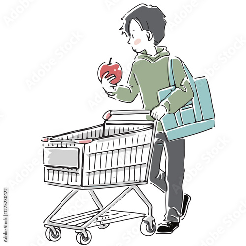ショッピングカートで買い物をする男性