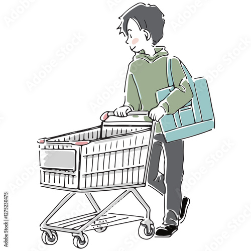 ショッピングカートで買い物する男性