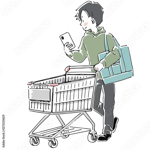 スマホを見ながらショッピングカートで買い物する男性