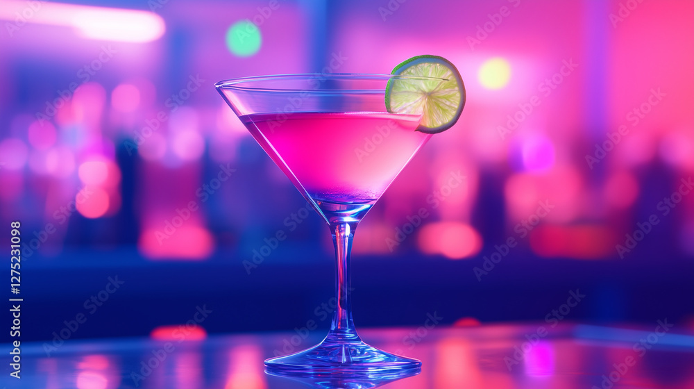 Vibrant pink Cosmopolitan cocktail with lime garnish in a martini glass at a neon-lit bar Vibrant pink Cosmopolitan cocktail with lime garnish in a martini glass at a neon-lit bar