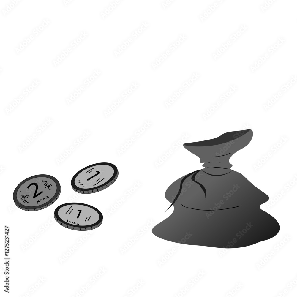 Gray pouch with coins and 3 coins outside Gray pouch with coins and 3 coins outside