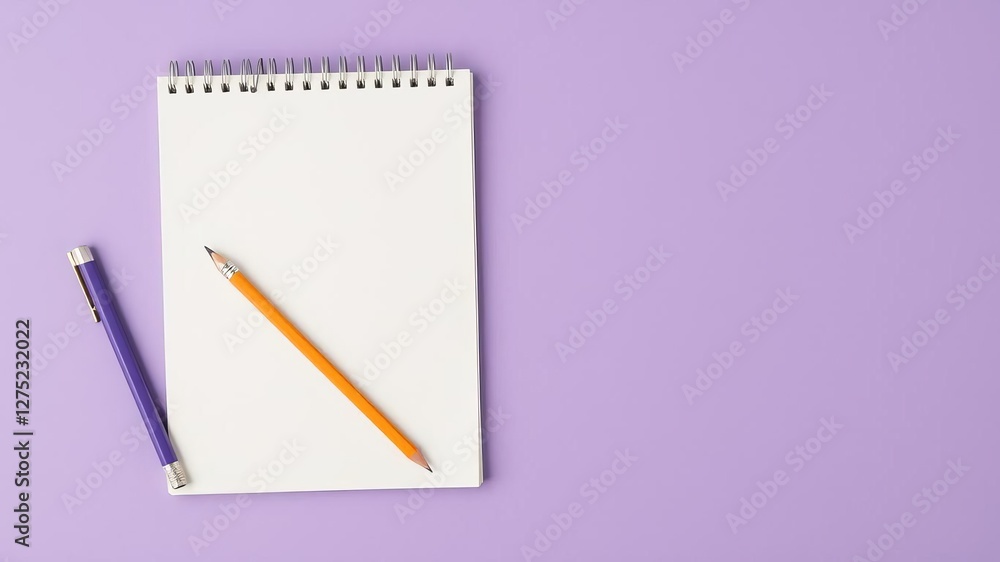 A soft purple background with a notebook and pencil on the sides, blank space in the middle for text, text, stationary, pencil A soft purple background with a notebook and pencil on the sides, blank space in the middle for text, text, stationary, pencil