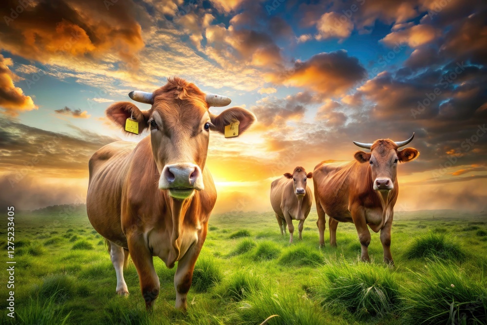 Double exposure photography captures ethereal brown cows grazing in a surreal, dreamlike field. Double exposure photography captures ethereal brown cows grazing in a surreal, dreamlike field.