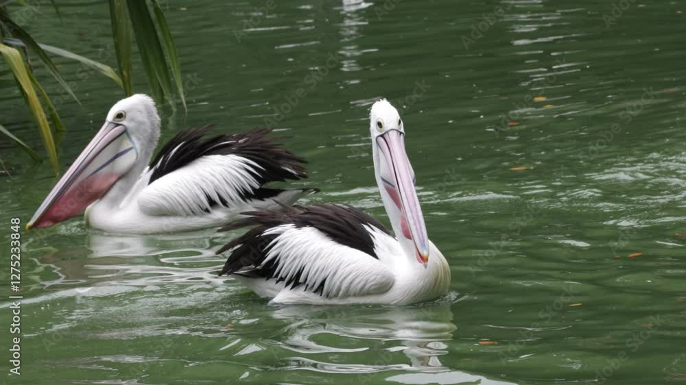 Pelican Timor or Pelecanus Conspicillatus or Australian Pelican in a zoo, a group of pelicans swimming around looking for food with their friends Pelican Timor or Pelecanus Conspicillatus or Australian Pelican in a zoo, a group of pelicans swimming around looking for food with their friends